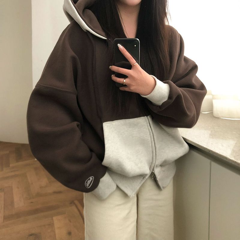 [BELLIDE MADE] two-tone coloring wool boxy hooded zip-up