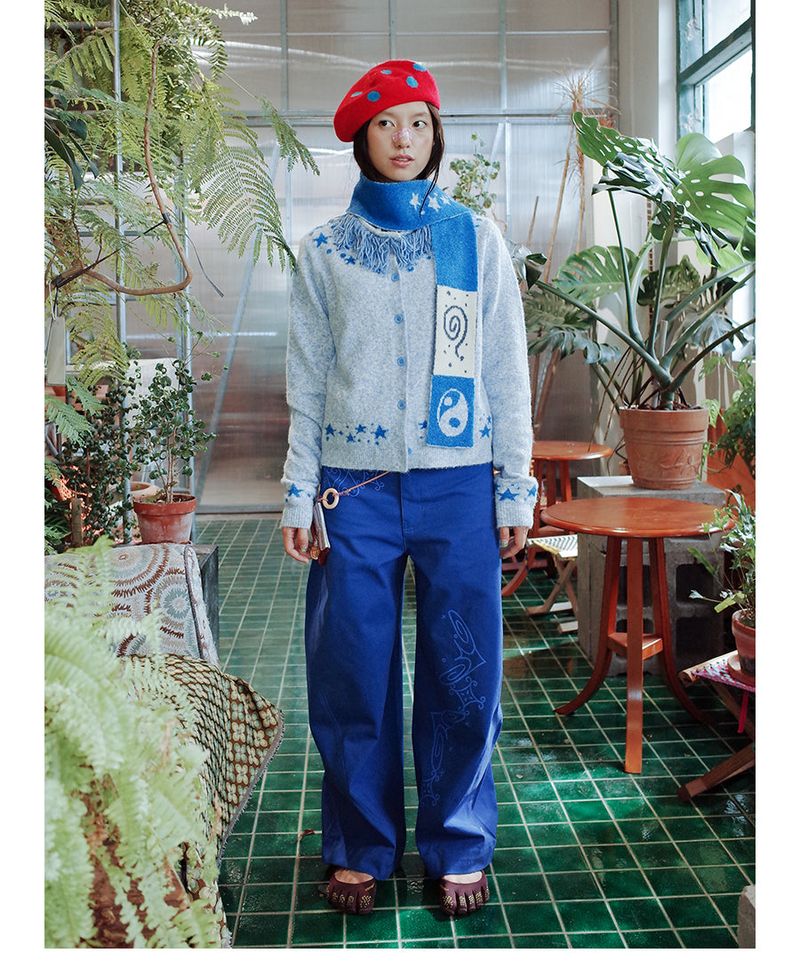 UnsocalNight2025 Original Literary Retro Autumn and Winter プリントブルーストレートマシェパンツ