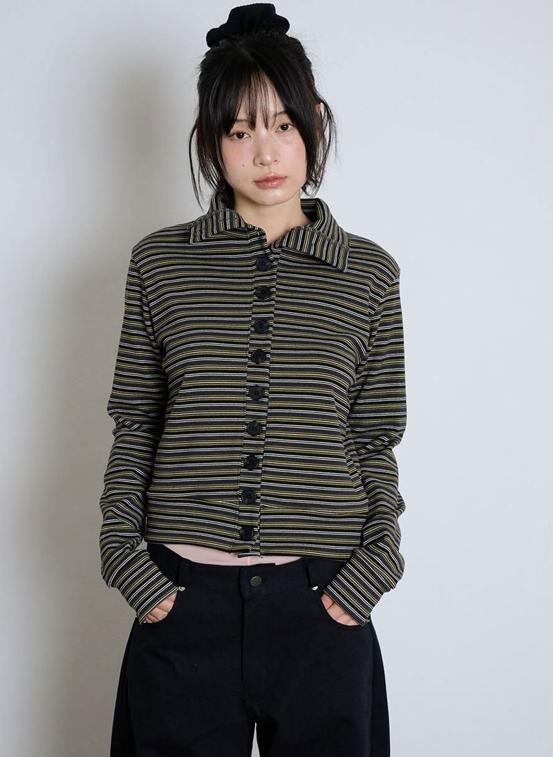STRIPED HIGH NECK BUTTON CARDIGAN - OLIVE