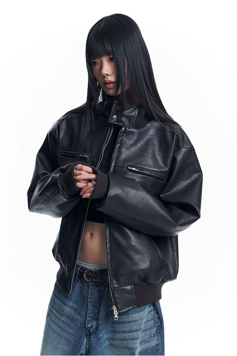 High Neck Leather Crop Jacket - Brown