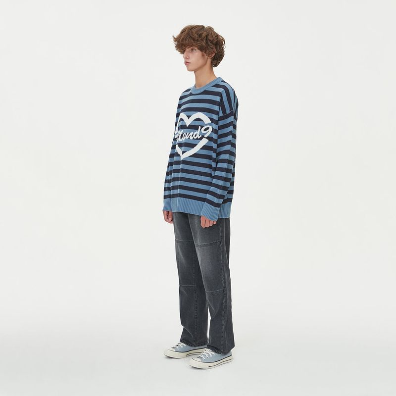 STRIPE HEART ROUND NECK KNIT_BLUE