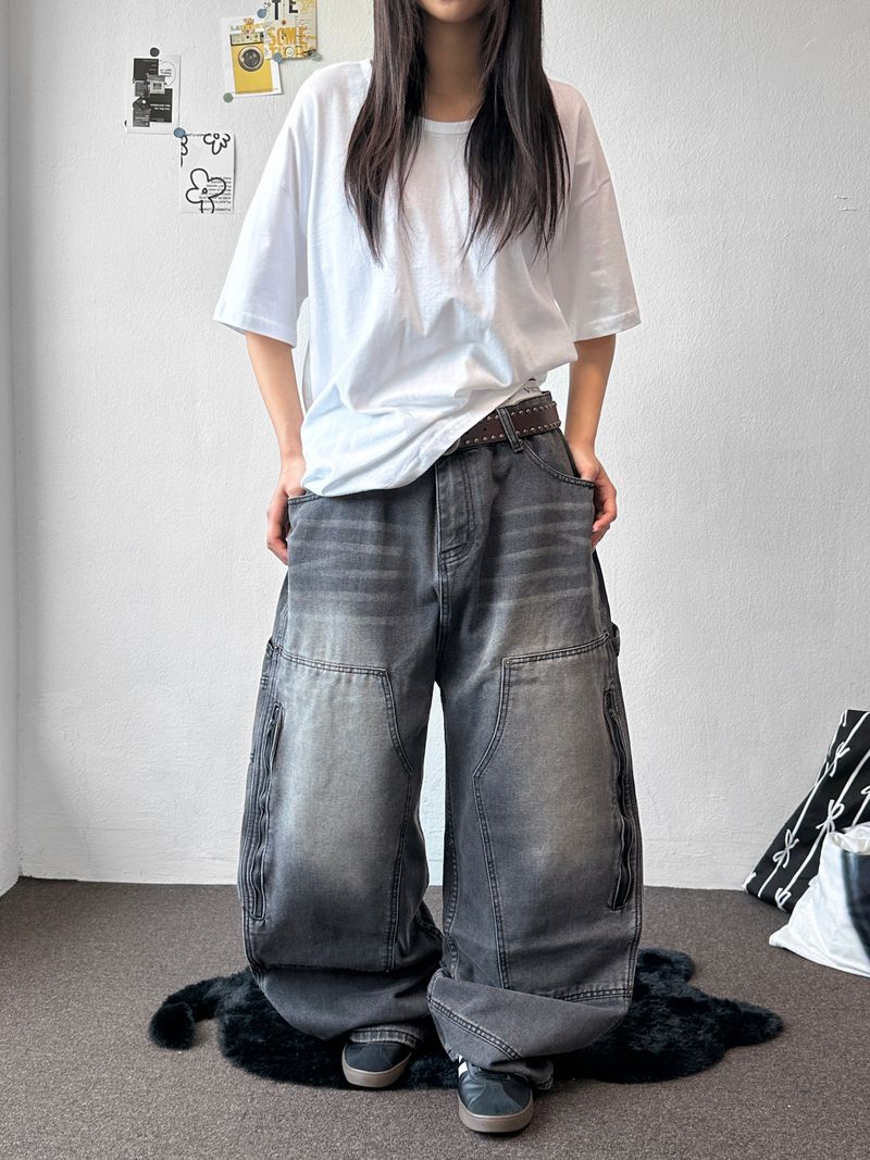 Kuchi Side Carpenter Zip Wide Balloon Pants 3color