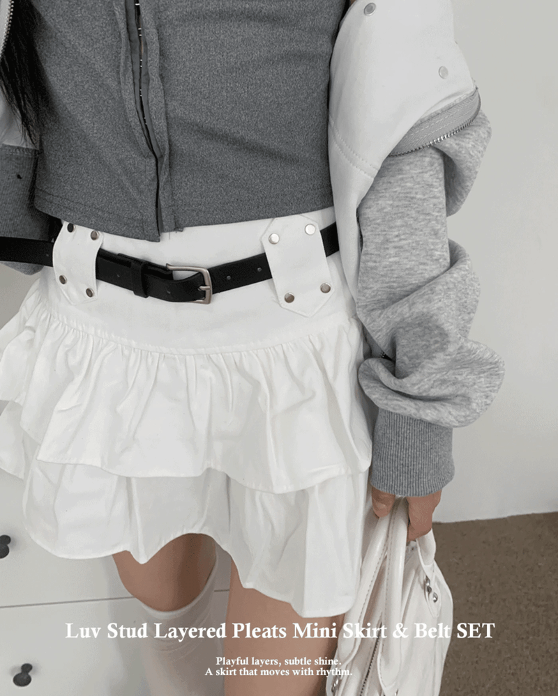 GUSTA（グスタ）の「Luv Studded Cancan Pleated Layered Mini Skirt & Belt SET (3 colors)（Skirts）」
