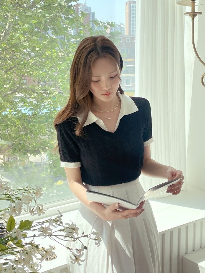 Rael Cable Color Matching Open Collar Knit