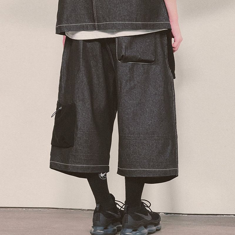 reverse terry pocket denim capri shorts_black