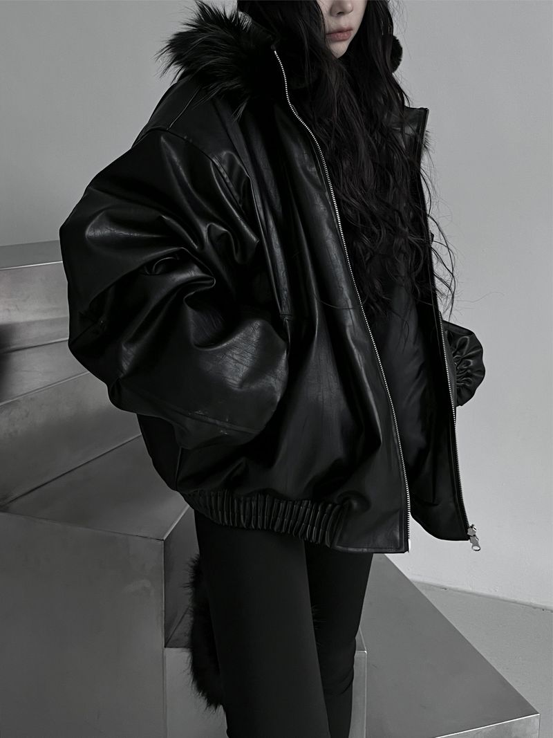 overfit fur hood leather jacket