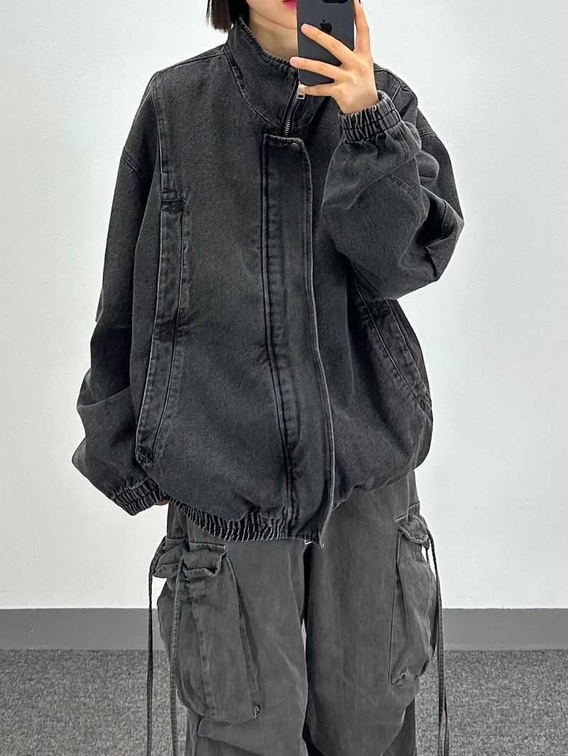 denim curved pocket jumper