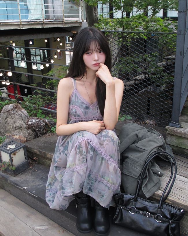 Misty Mauve Flower Chiffon Long One Piece