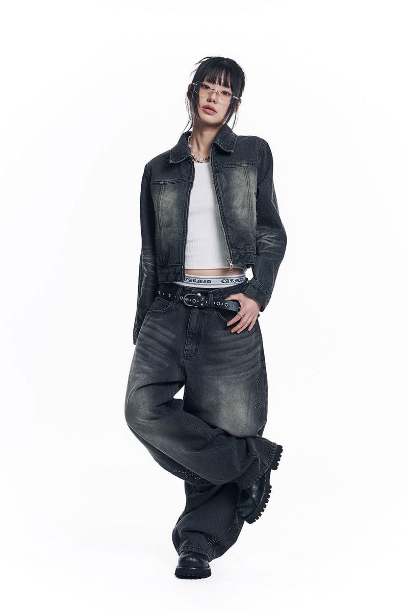 Curved Western Stud Denim Pants - Black