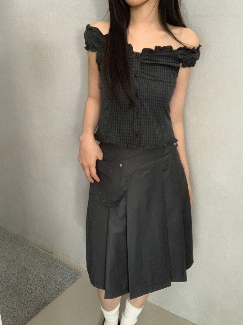 Aaron Check Off-Shoulder Ruffle Blouse 