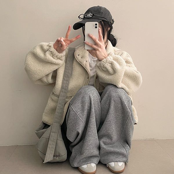 Acet Color High-Neck Soft Wool Zipper Snap Jacket