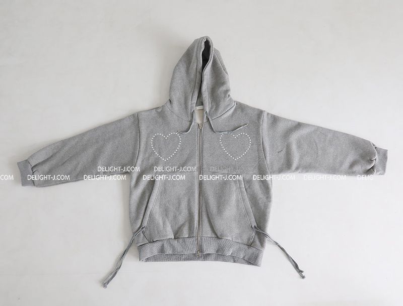 Wool napping heart wrinkle shirring hooded zip-up