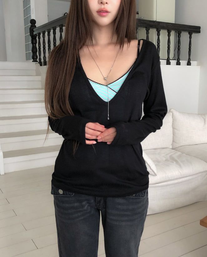 Melting See-through Deep V-Neck Ribbed Long Sleeve