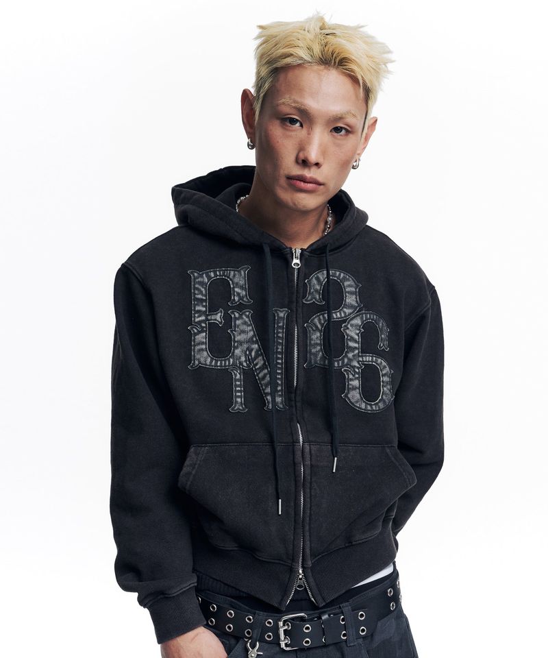 Washed Leather Patch Hooded Zip-Up - Black