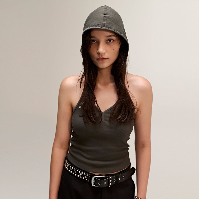 MNMPAIR（ミニマルペア）の「Button Hood Halterneck Top Charcoal（Tops）」