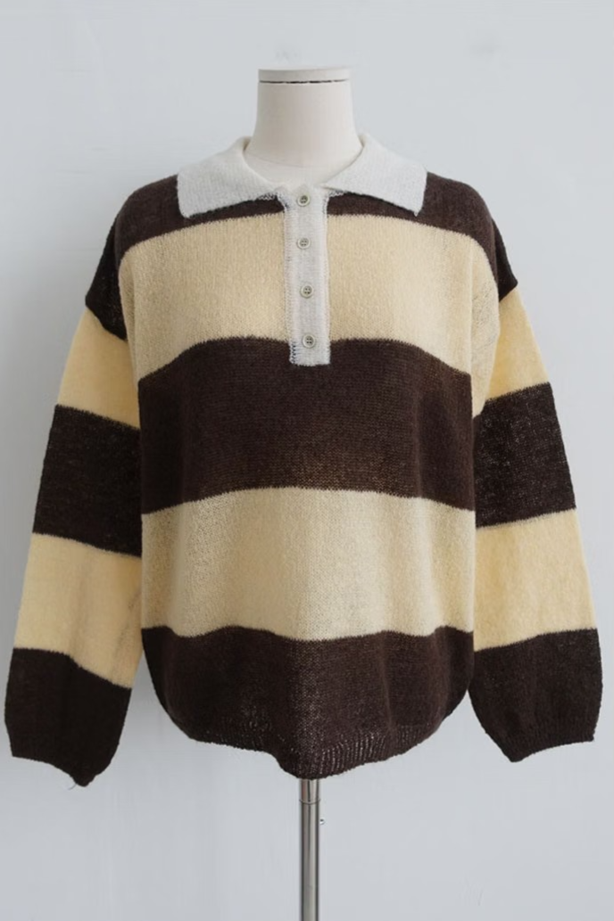 RUGBY STRIPED POLO SWEATER (5COLORS!)