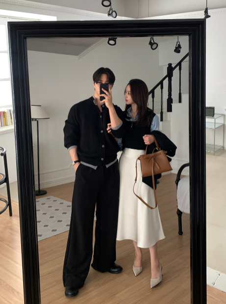 Lapel color scheme round neck button knit cardigan