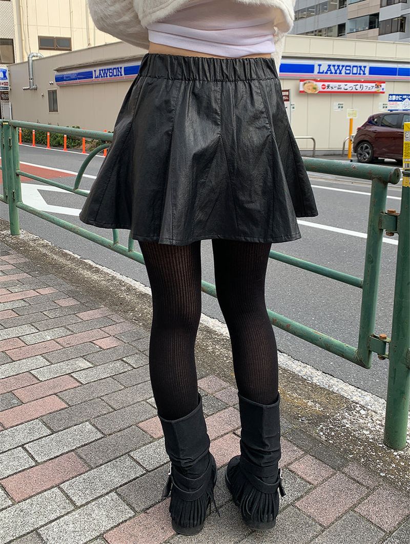 RIBBON FLARE LEATHER MINI SKIRT (2C)