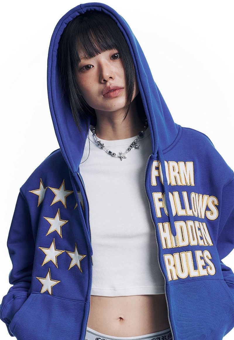 Star Lettering Patch Hoodie Zip-Up - Blue