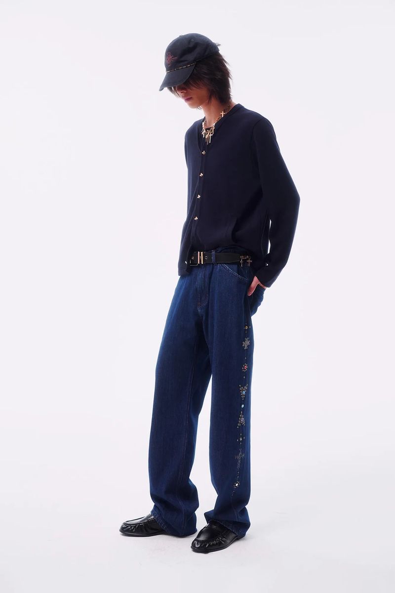 TOTEM RIVET FLOCKED DENIM PATCH STRAIGHT TAILORED JEANS