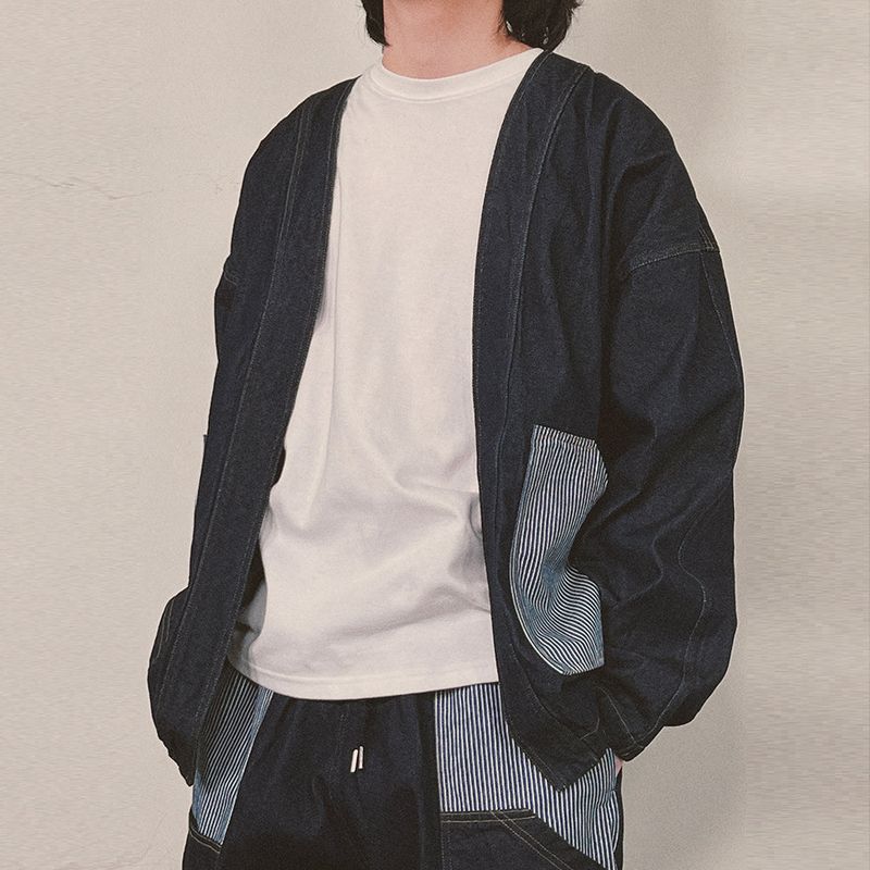 stripe patch denim cardigan_blue