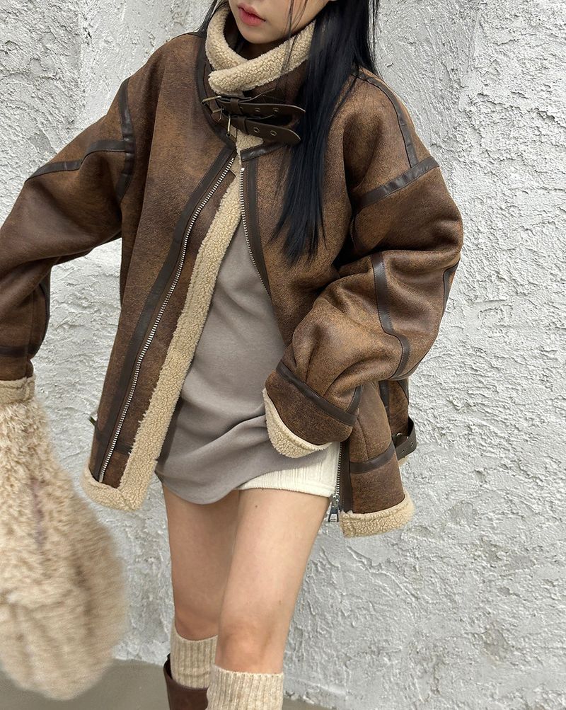 Oversized Fit Leather Wool High-Neck Mustang