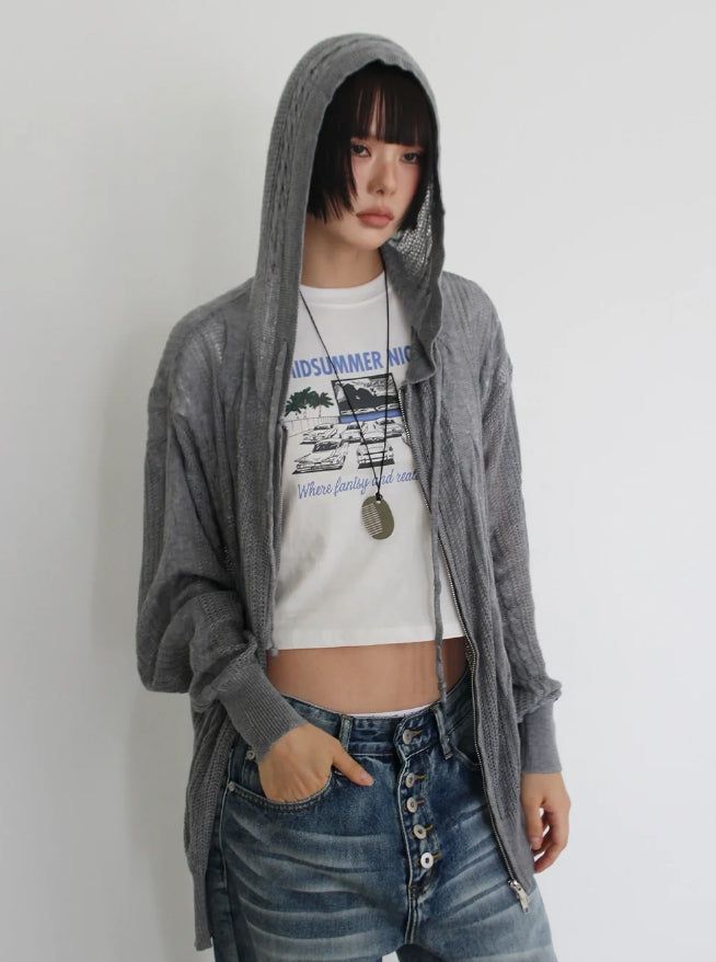 TWISTED KNIT HOOD ZIP-UP