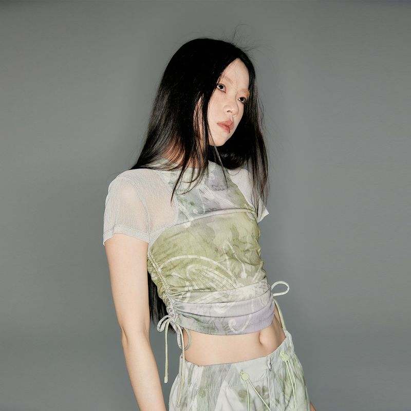 CONFUN（コンファン）の「CONFUN 24SS drawstring mesh splicing original print knitted short-sleeved top（Tops）」