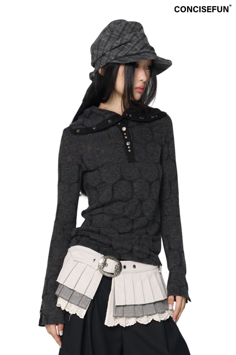 CONFUN（コンファン）の「CONFUN Henry rivet patchwork lapel jacquard knitted slim top（Tops）」