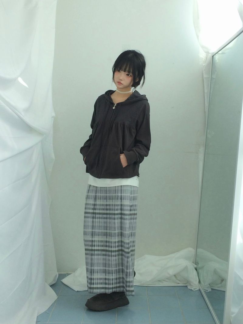Flower Lace Half-Shirring Hooded Zip-Up