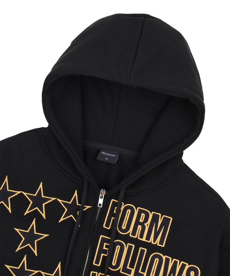 Star Lettering Patch Hoodie Zip-Up - Black