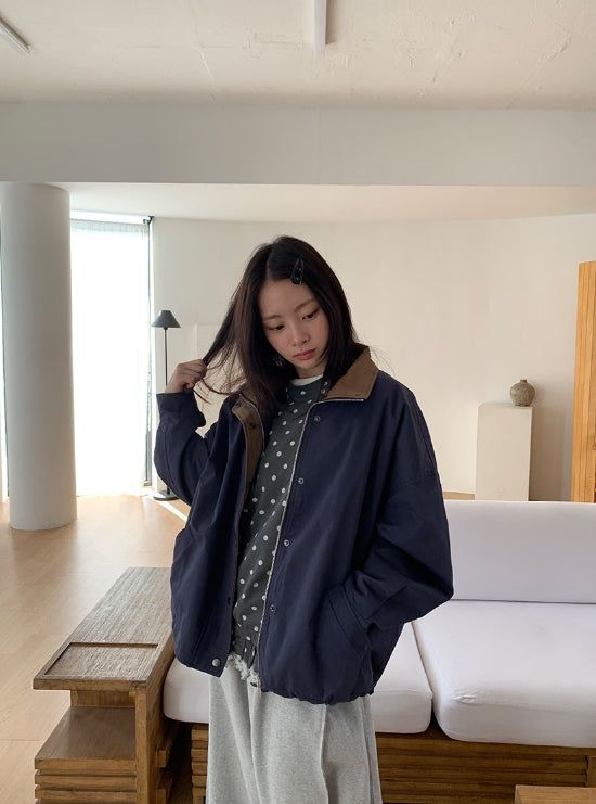 Cotton Color Matching Collar Bomber Jacket