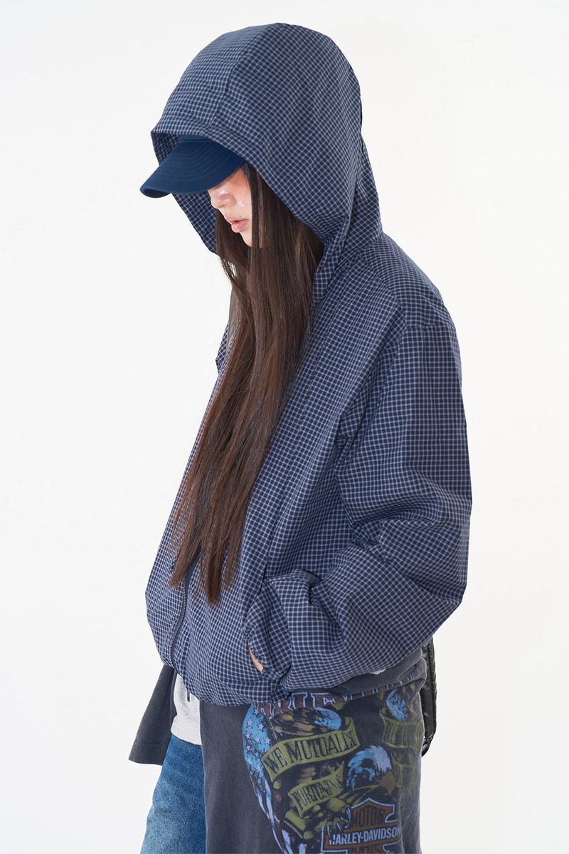Loop check hoodie zip-up jumper