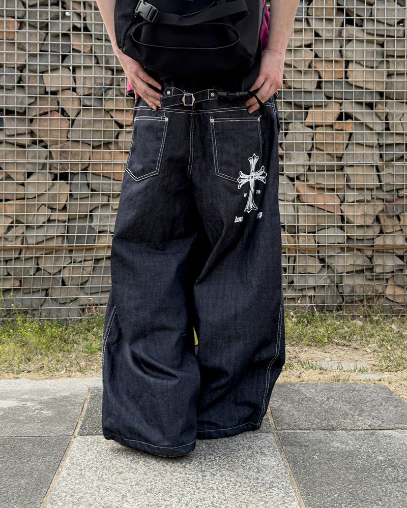 Bone Cross Stud Wide Denim Pants