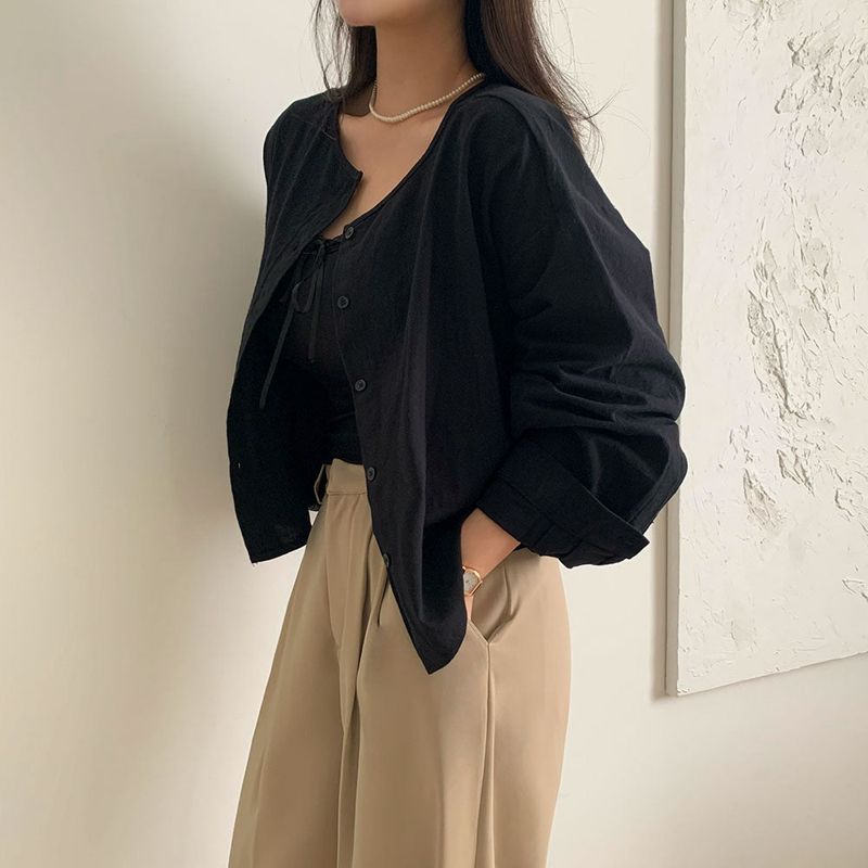 [BELLIDE MADE] loose-fitting collarless cotton shirt