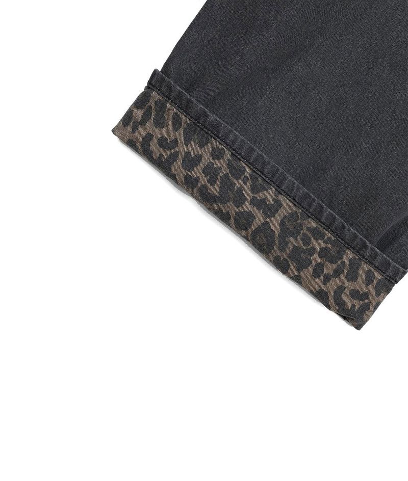 Leopard Cross Patch Roll-Up Denim Pants - Black