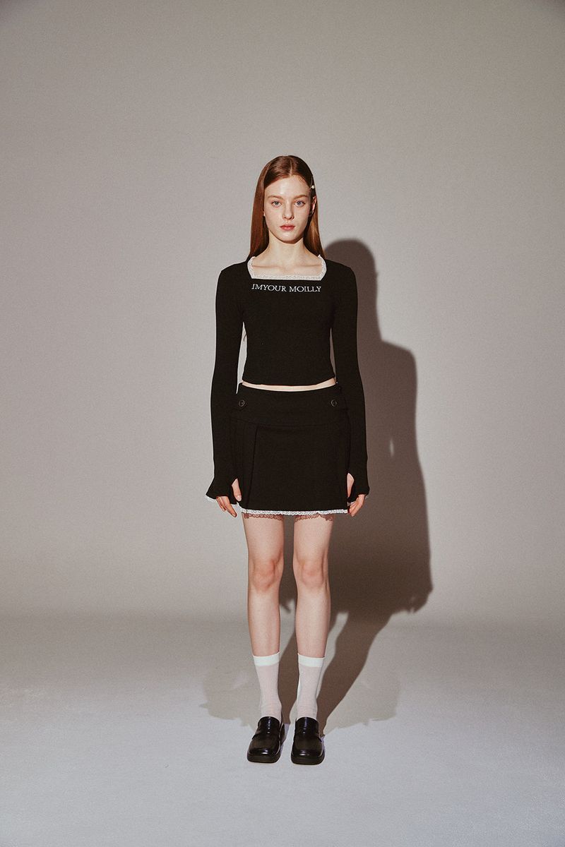 Square Neck Lace Long Sleeve Black