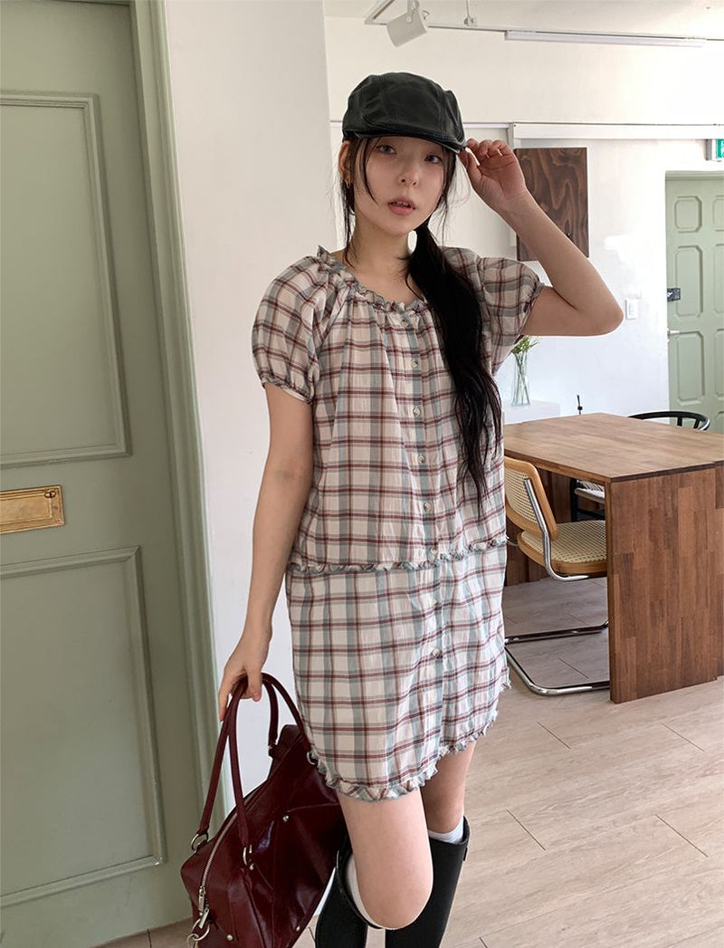 SAGE CHECK FRILL DRESS (2C)