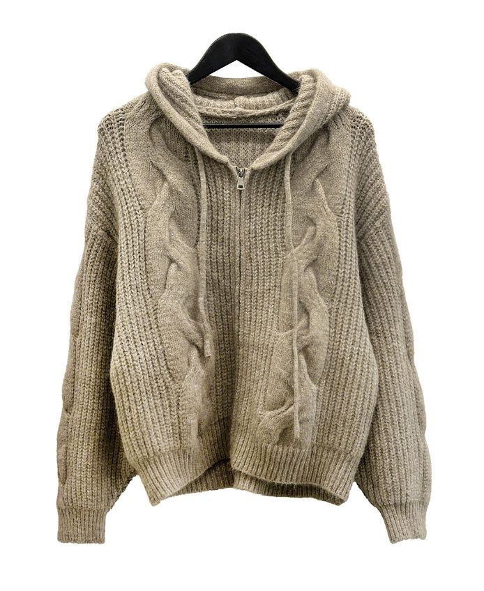 Cable Two-Way Knit Hood Zip-Up