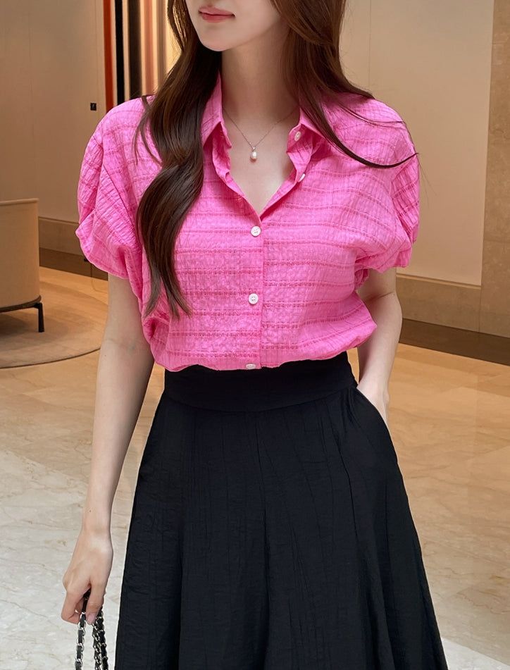 Kusha Collar Balloon Sleeves Seersucker Blouse