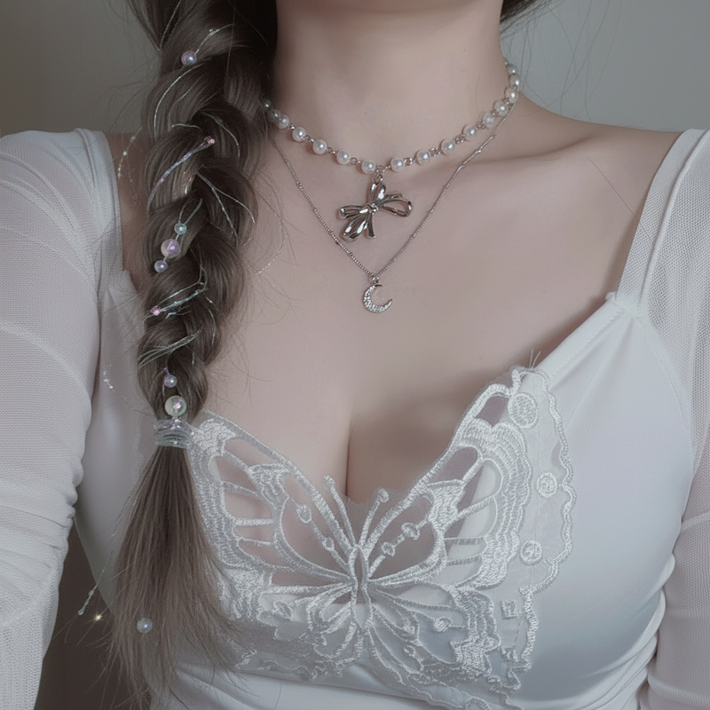 [BABY MONSTER Ahyeon, Luka Necklace] Princess Bow and Moon Layered Necklace - Silver Color