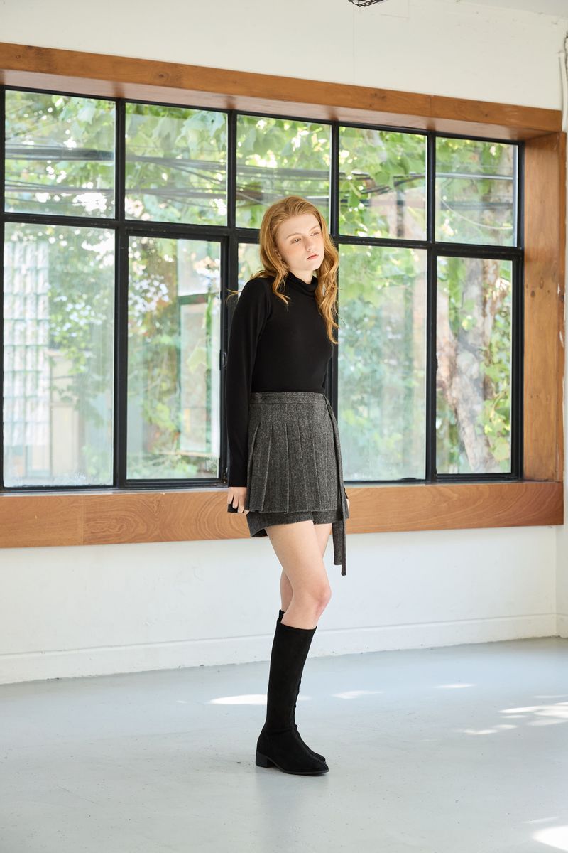 CLASSY HERRINGBONE WOOL SKIRT PANTS / CHARCOAL