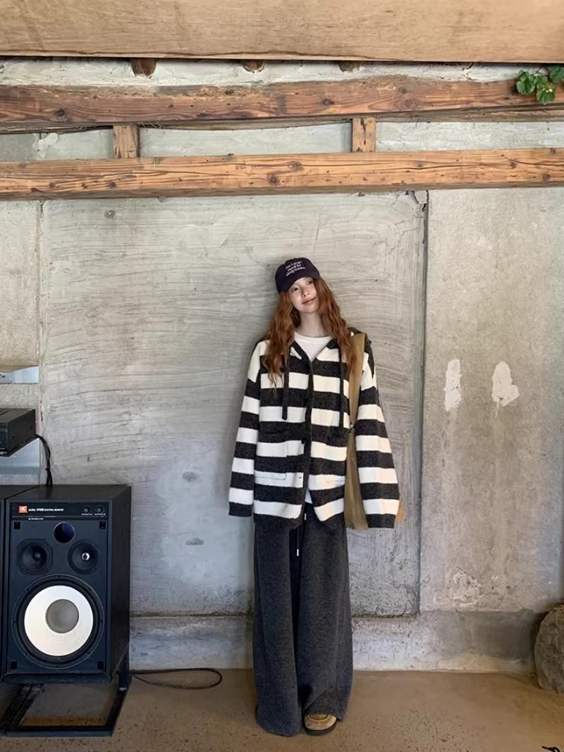 wool knit striped hooded over cardigan