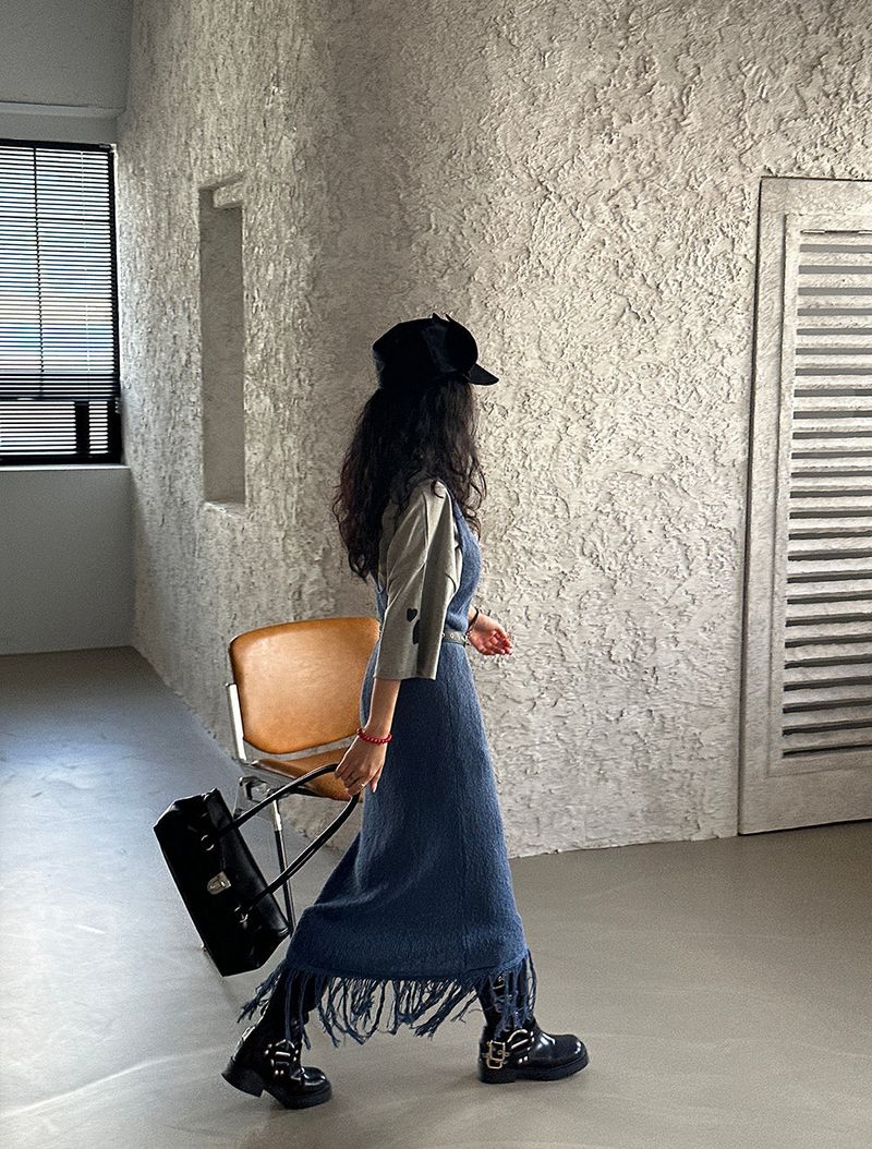 knit fringe bustier long dress