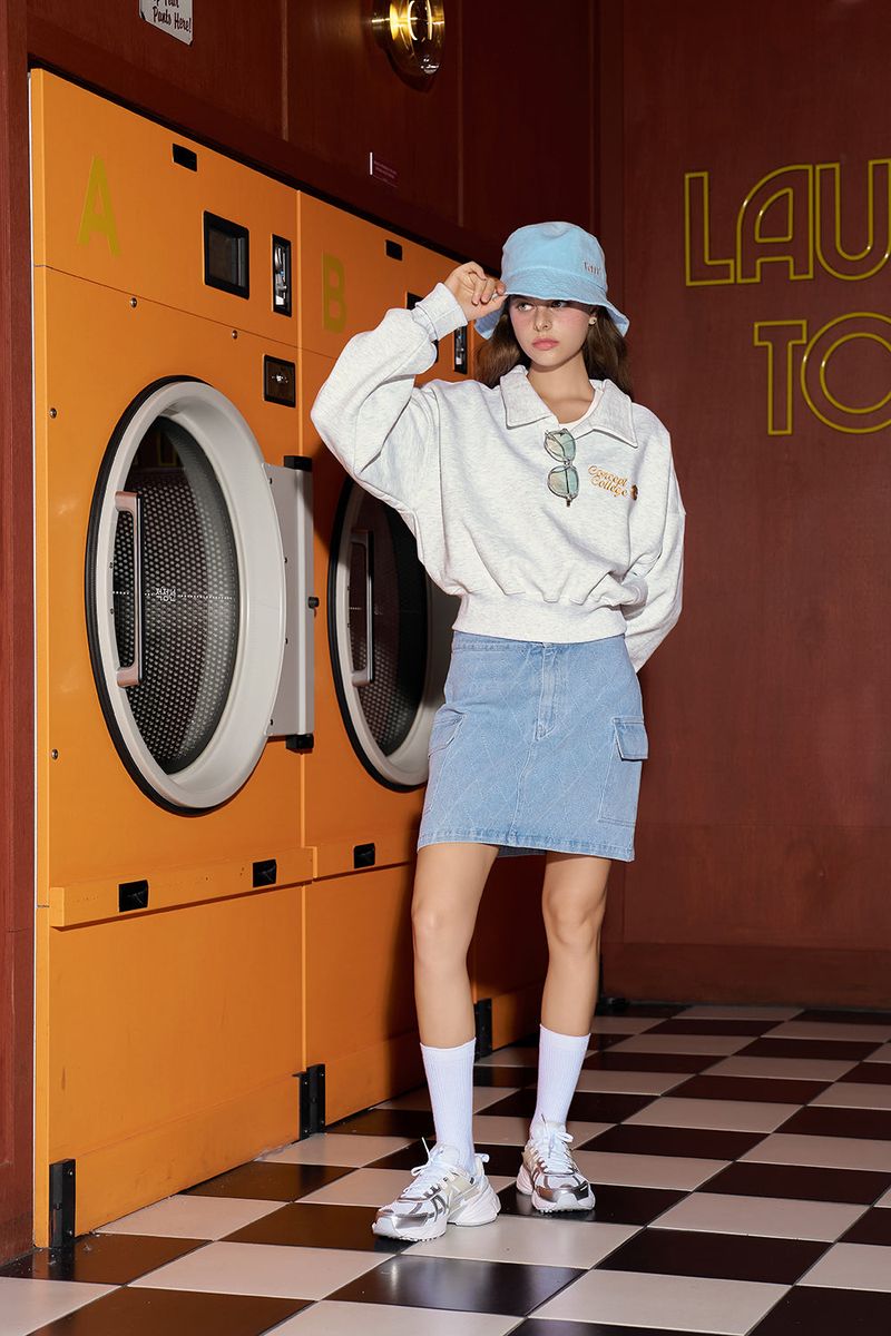 Basic logo Collar Cropped Sweatshirt / Ash Gray [Women]