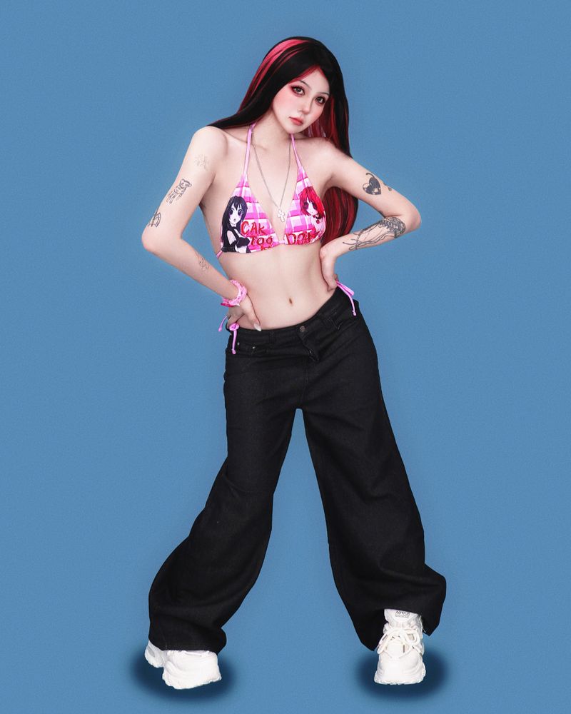 pink stone black denim pants
