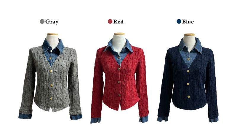 Perry Denim-Layer Cable Knit Long Sleeve Cardigan