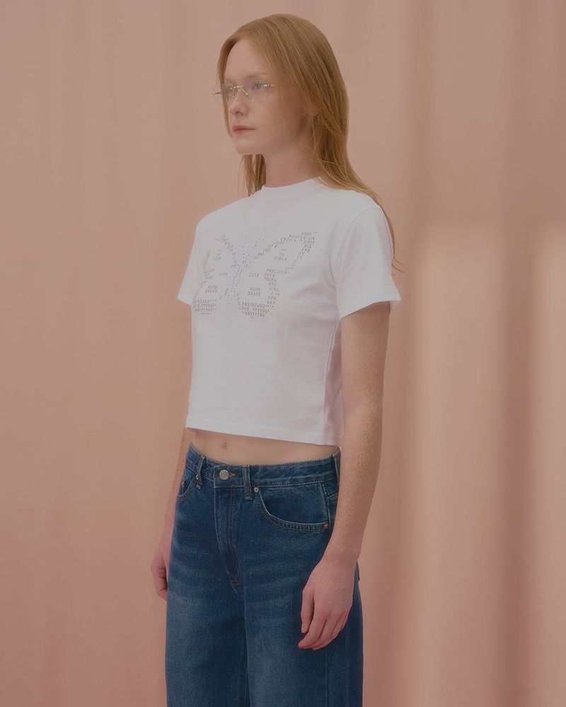 TEXT BUTTERFLY CROP TSHIRT-WHITE