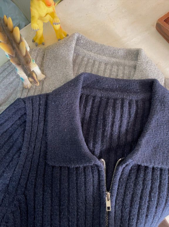 AZ Collar Crop Knit Zip-up (4color)
