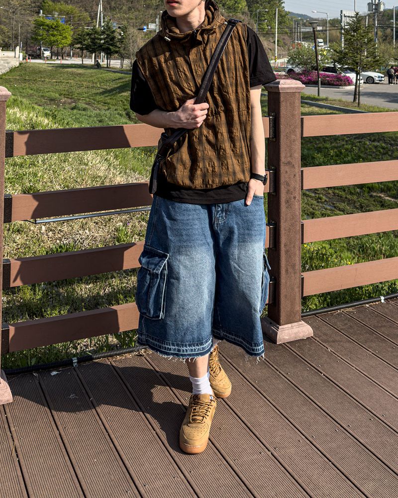 Crinkle Check Hooded Anorak Vest